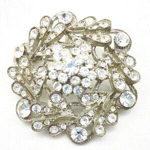 Vintage Clear Rhinestone Brooch Silver Tone Floral Starburst Pin Sparkling